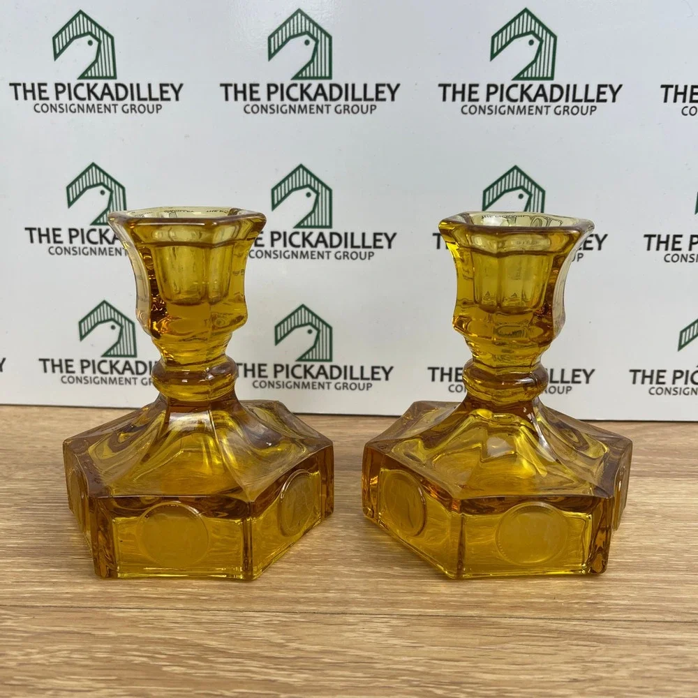 Vintage Amber Glass Hexagon Coin Candlestick Holders Liberty Bell Set of 2 4.5